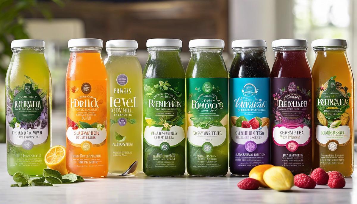 A selection of low-calorie beverages, including herbal teas, infused water, unsweetened almond milk, sparkling water, kombucha, and green tea.