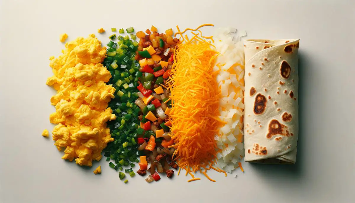 The individual ingredients of a breakfast burrito laid out separately, including scrambled eggs, shredded cheese, sautéed peppers and onions, and a flour tortilla