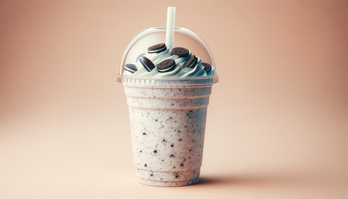 A Burger King Oreo Shake in a clear plastic cup, showing the dark Oreo cookie pieces mixed into the creamy white shake