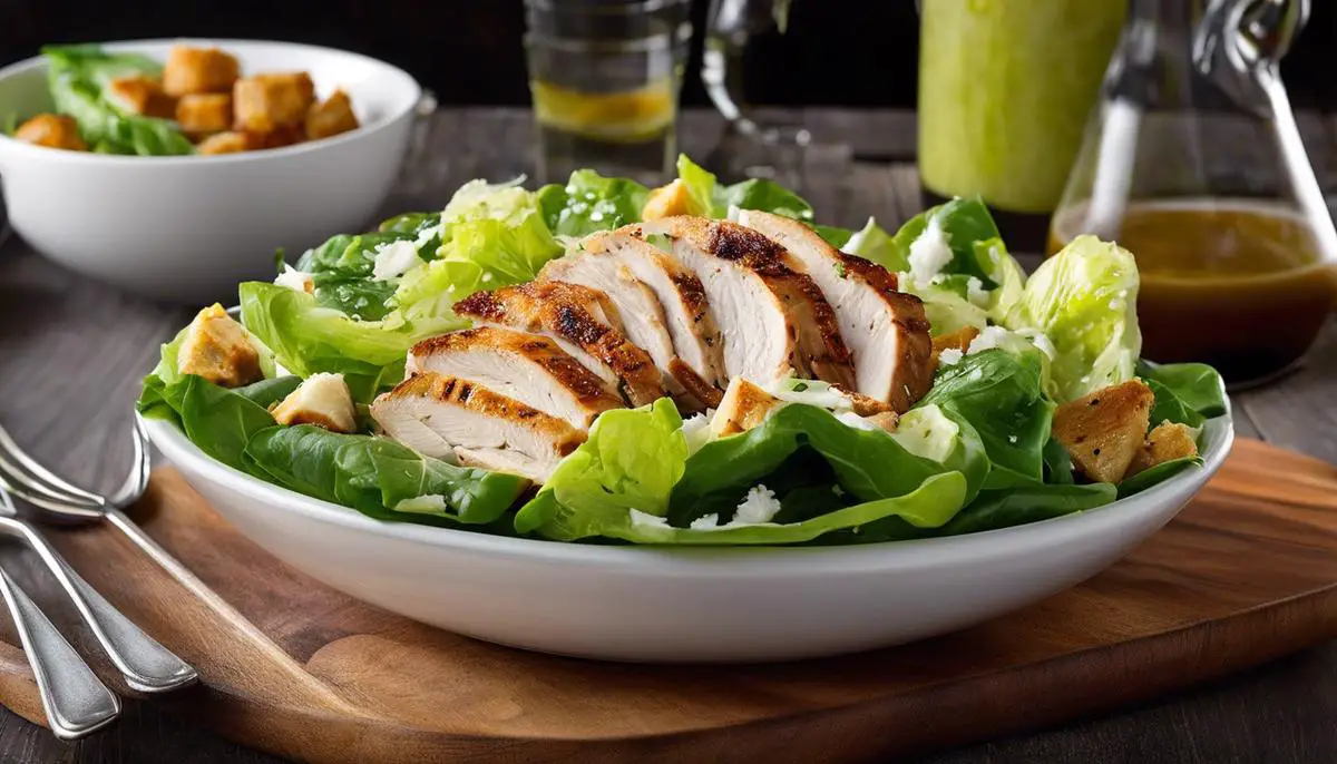 A delicious Caesar salad with Romaine lettuce, grilled chicken, and Parmesan cheese, topped with a tangy dressing.