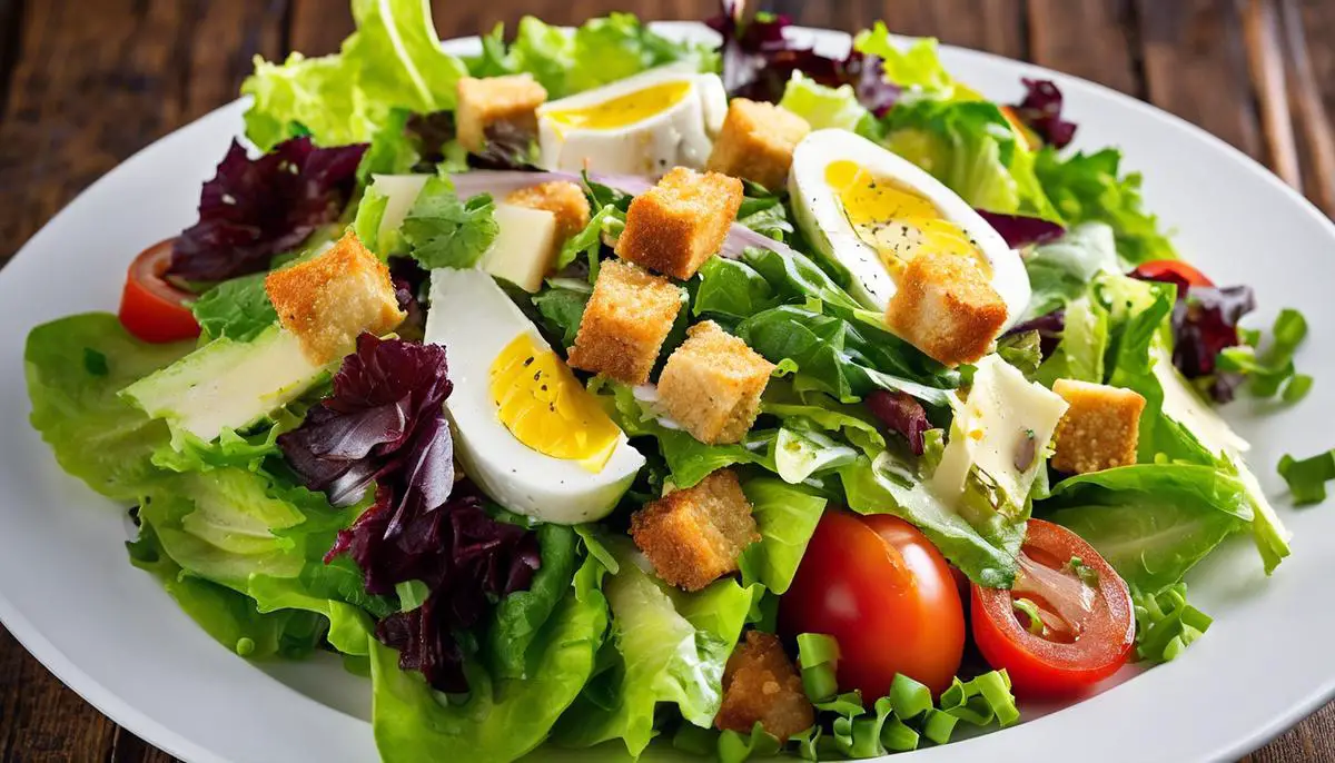 A delicious Caesar salad with vibrant vegetables, croutons, and a creamy dressing, ideal for maintaining a healthy lifestyle.