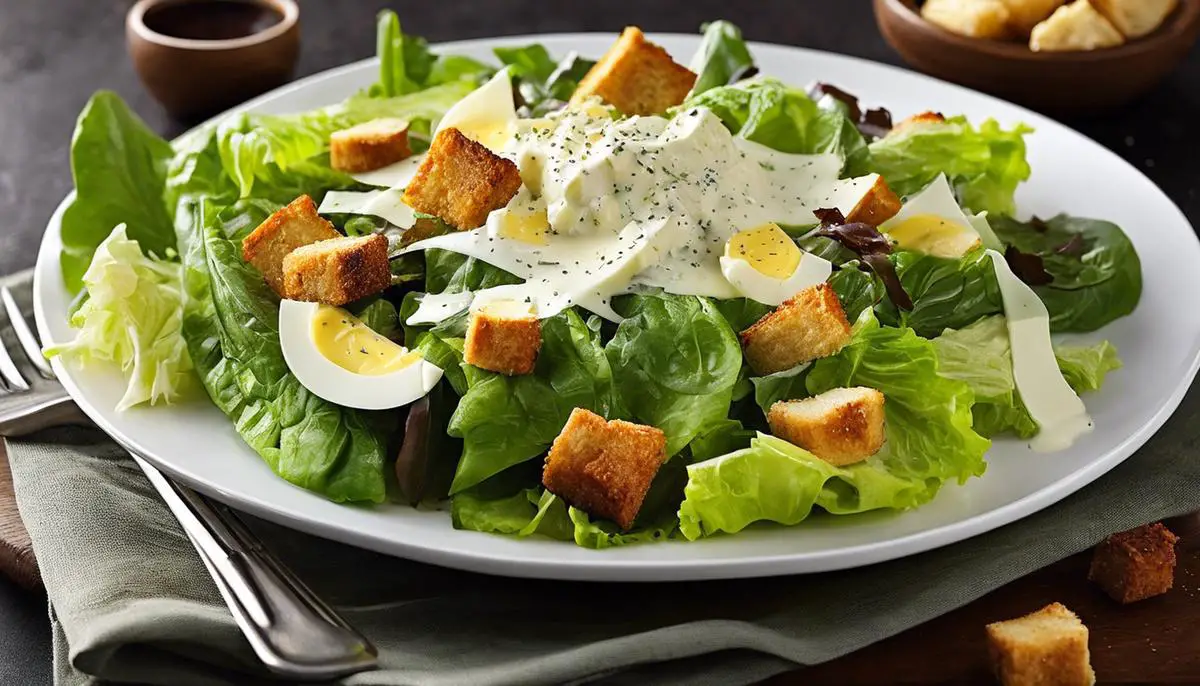 A delicious Caesar salad with fresh romaine lettuce, crispy croutons, savory Parmesan cheese, and creamy Caesar dressing.