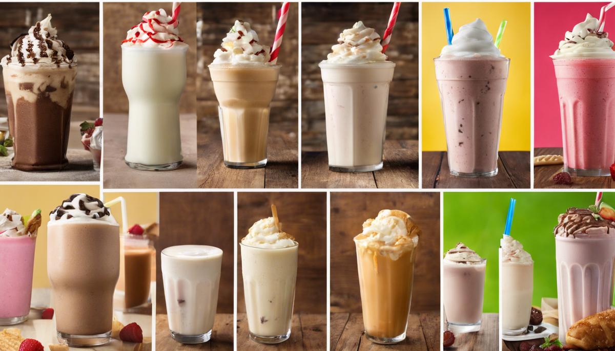 A collage of various fast-food milkshakes in different flavors and from different restaurants