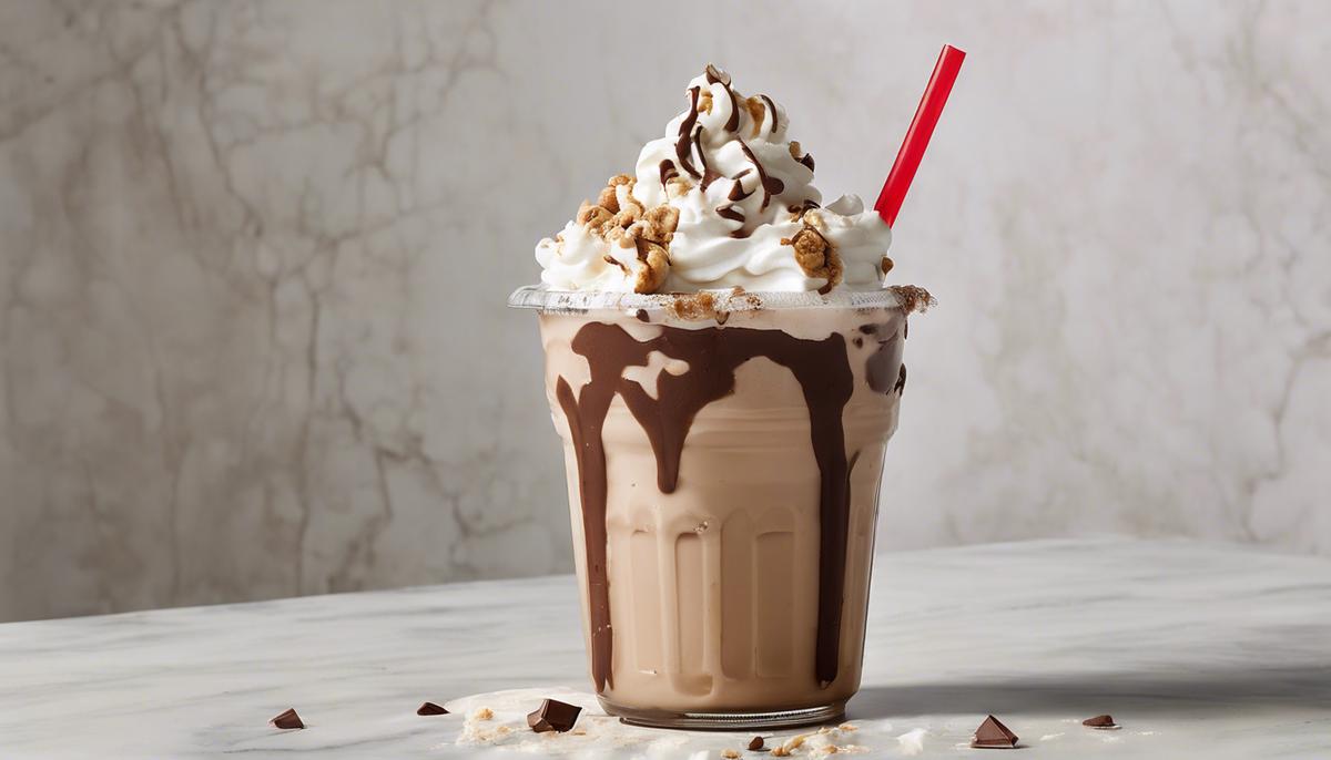 A decadent Five Guys milkshake with chocolate, peanut butter, and whipped cream toppings, served in a clear plastic cup