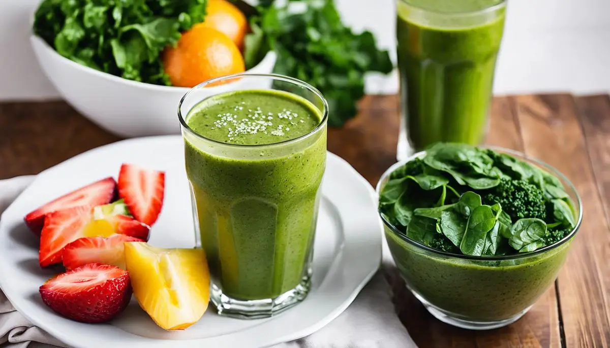 A picture of a green smoothie with kale, spinach, and fruits