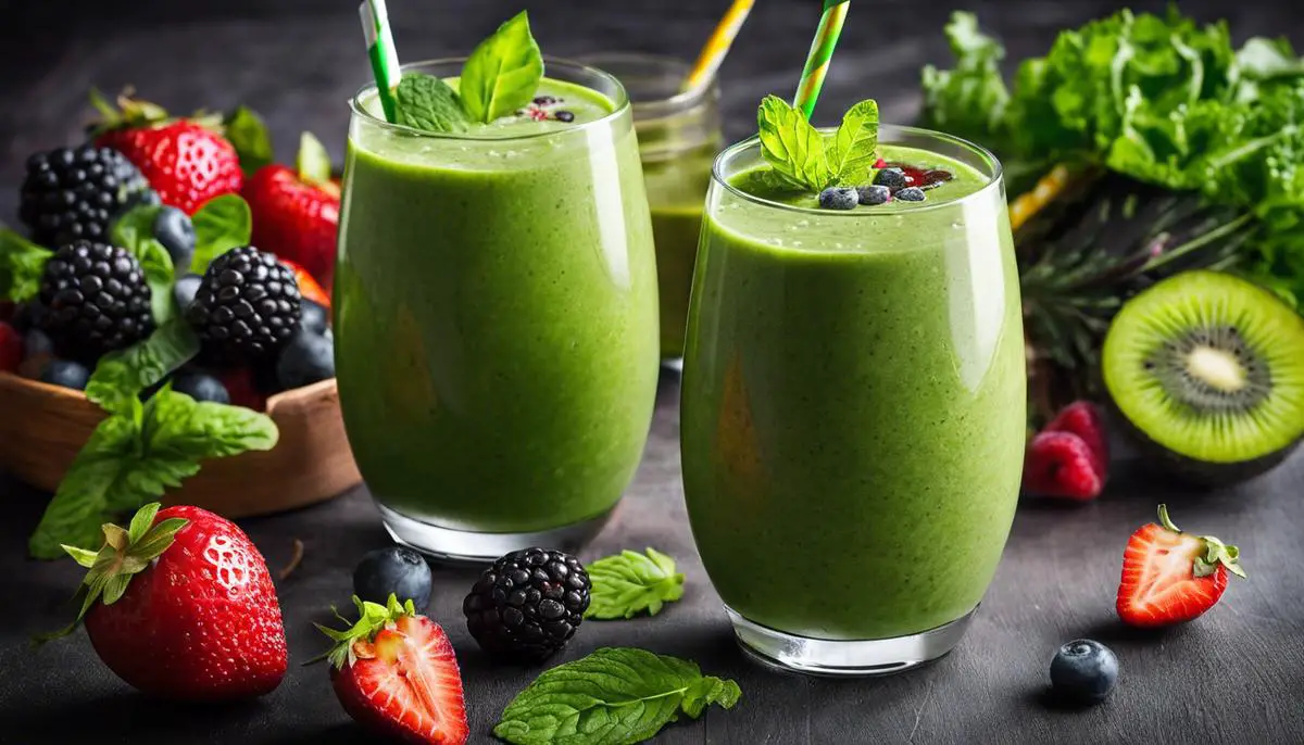 Image of a healthy green smoothie with various fruits and leafy greens blended together