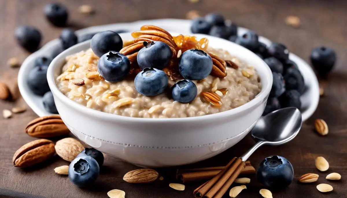 A visual representation of a bowl of oatmeal with fresh blueberries, nuts, and honey added, highlighting the different calorie contributions of each ingredient.