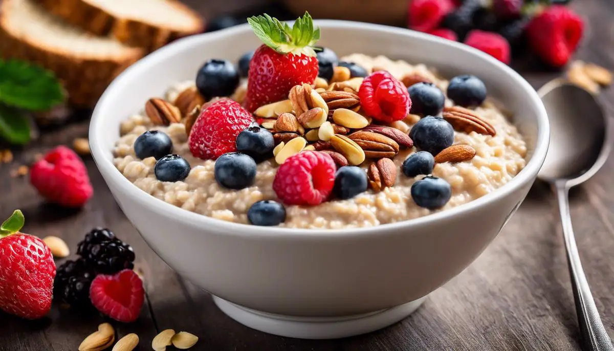 A bowl of oatmeal topped with fresh berries and nuts, symbolizing the health benefits of oatmeal for heart health, blood sugar control, and digestive well-being.