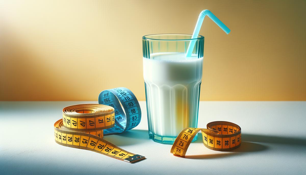 A glass of skim milk next to a measuring tape, symbolizing weight management