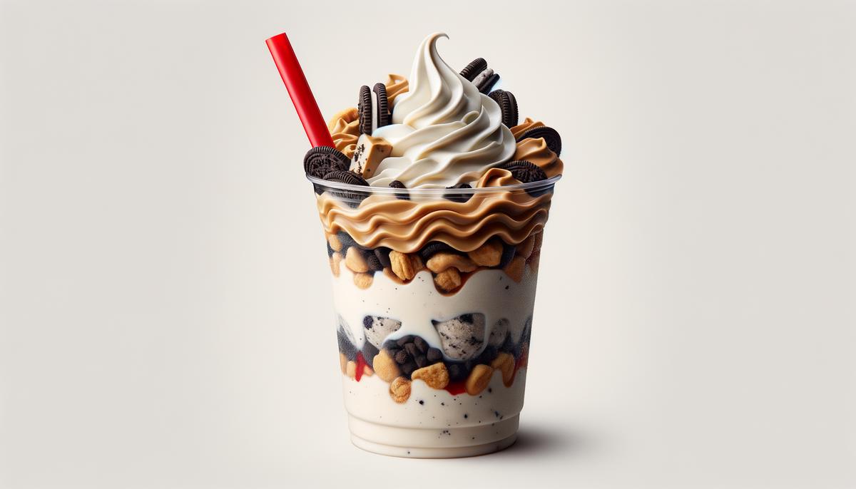 A large Sonic Drive-In Oreo Peanut Butter Shake, served in a clear plastic cup with a red straw, showing the layers of ice cream, Oreo chunks, and peanut butter